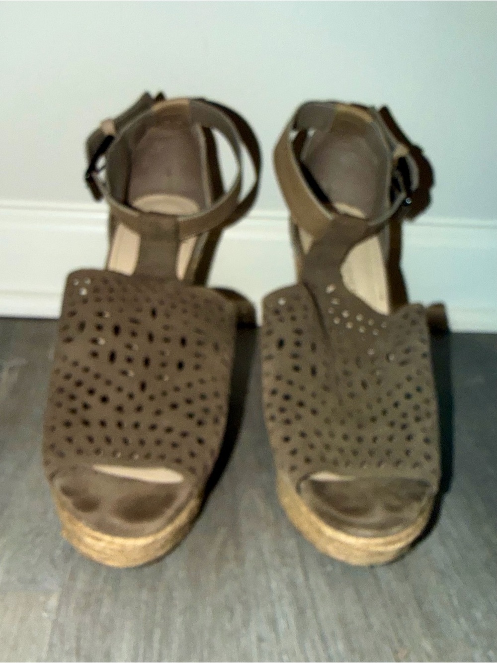 Marc Fisher Brown Suede Perforated Ankle-Strap Wedges